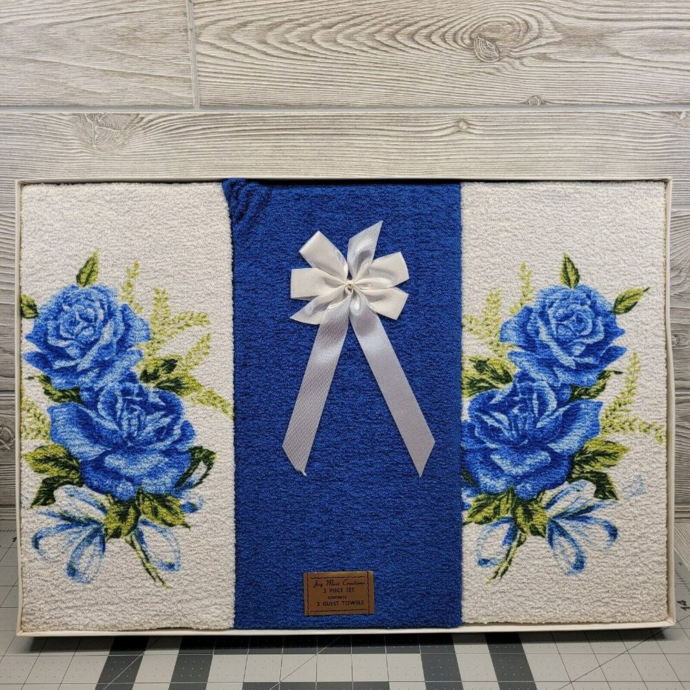 Jay Marc Creations Bathroom Towel Set 3 Piece‎ Guest Towel Blue Rose Floral Vtg